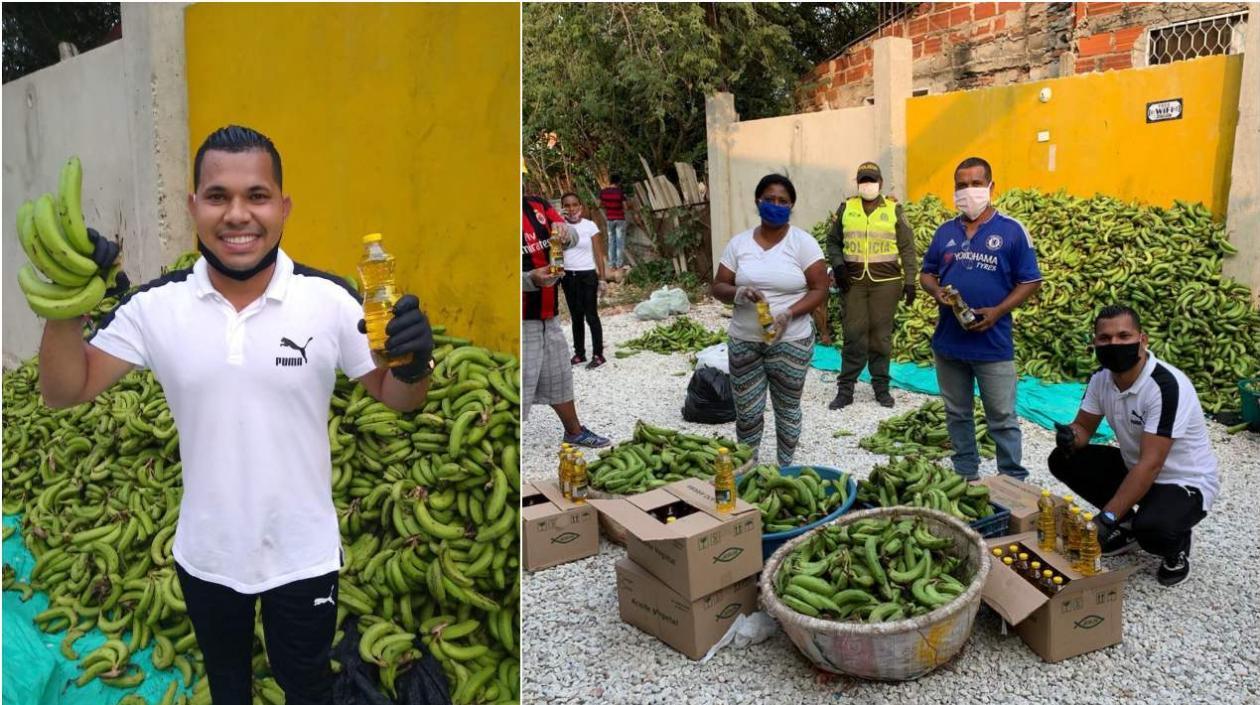 Alexis Castillo, con los guineos verdes que compró y el aceite que donó la Fundación Tecnoglass.