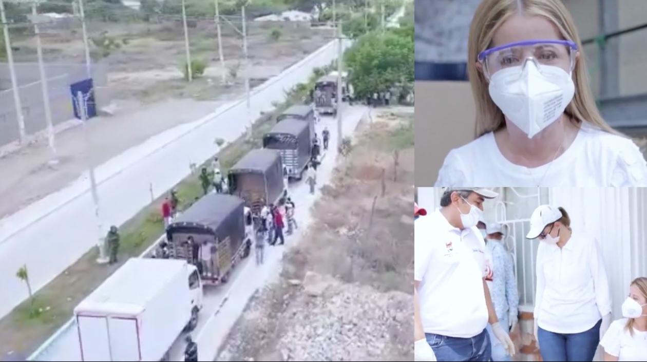 Los camiones en Campo de la Cruz repartiendo los mercados de la Gobernación del Atlántico.