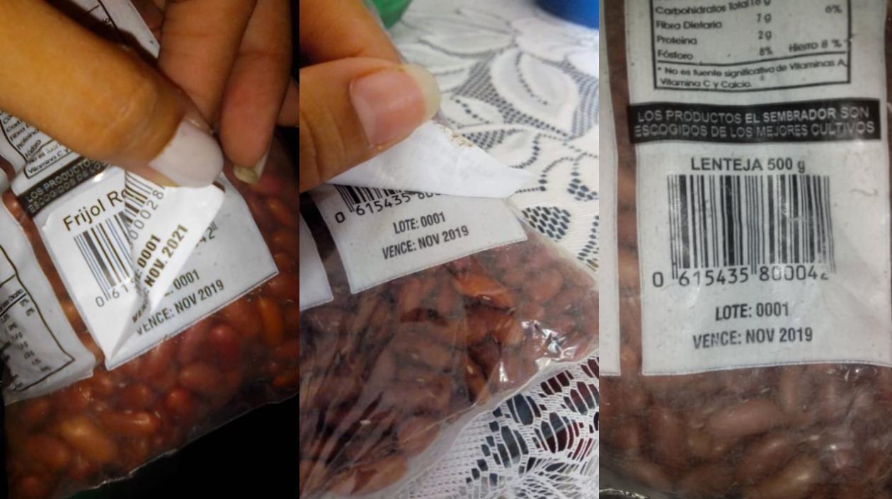 Las bolsas de frijoles con las fechas de vencimiento falsas y abajo, las fechas reales.