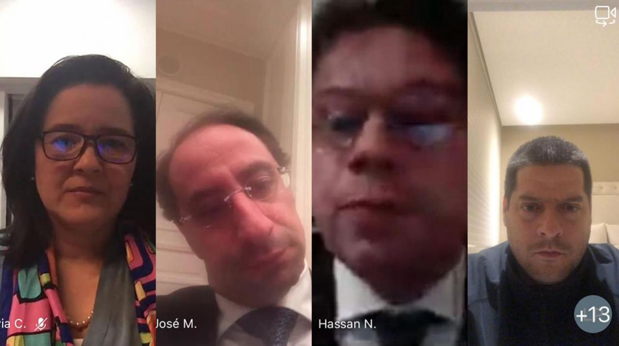 Los ministros de las TIC y de Comercio, Secretario de Prensa y el senador Mauricio Gómez, durante la reunión virtual.