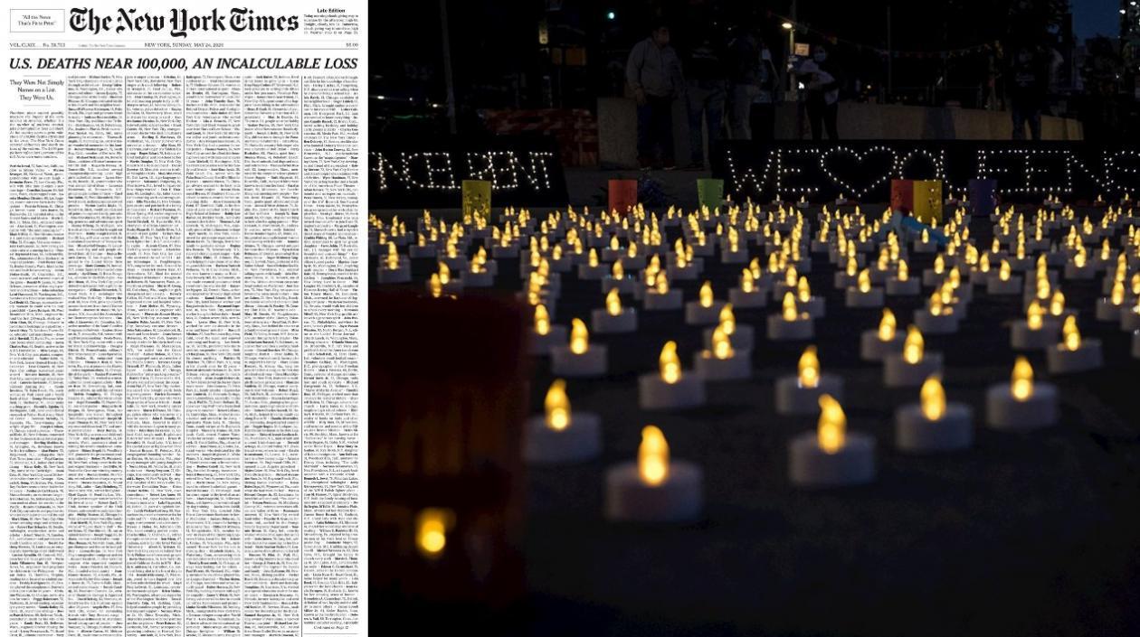 A la izquierda, la portada de The New York Times con los 1.000 nombres de los fallecidos.