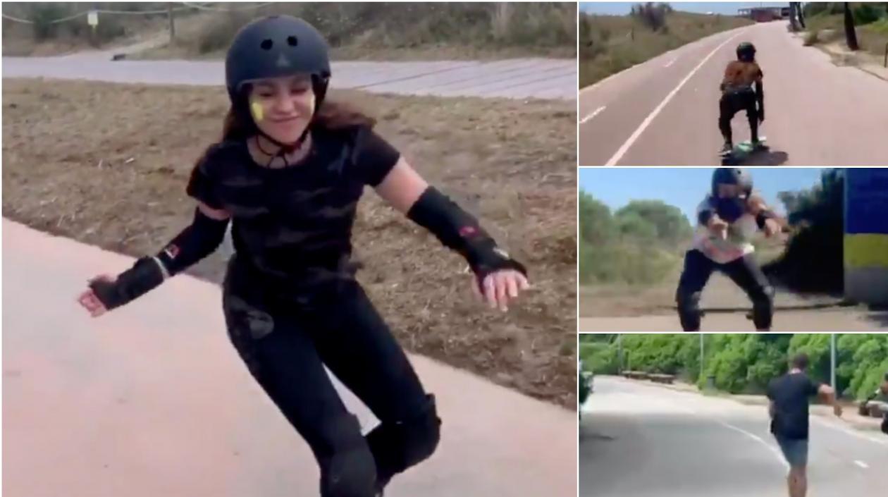 La barranquillera montando patineta.