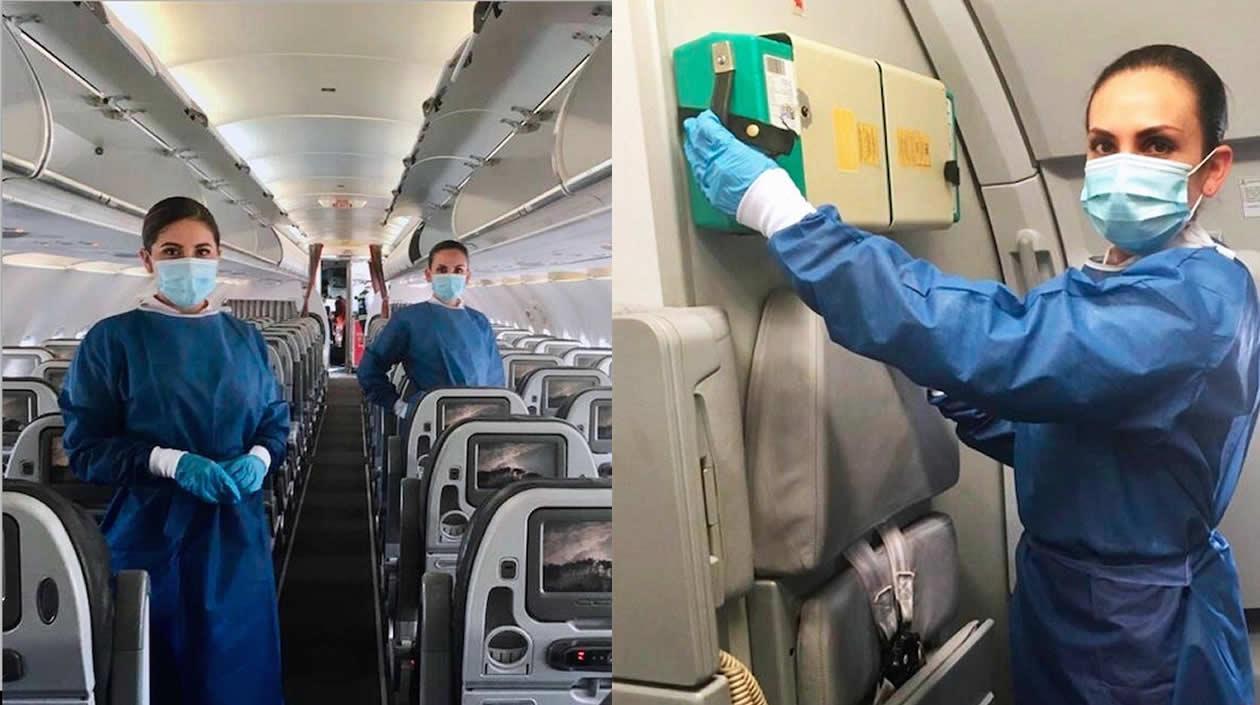 La tripulación con los dispositivos de bioseguridad.