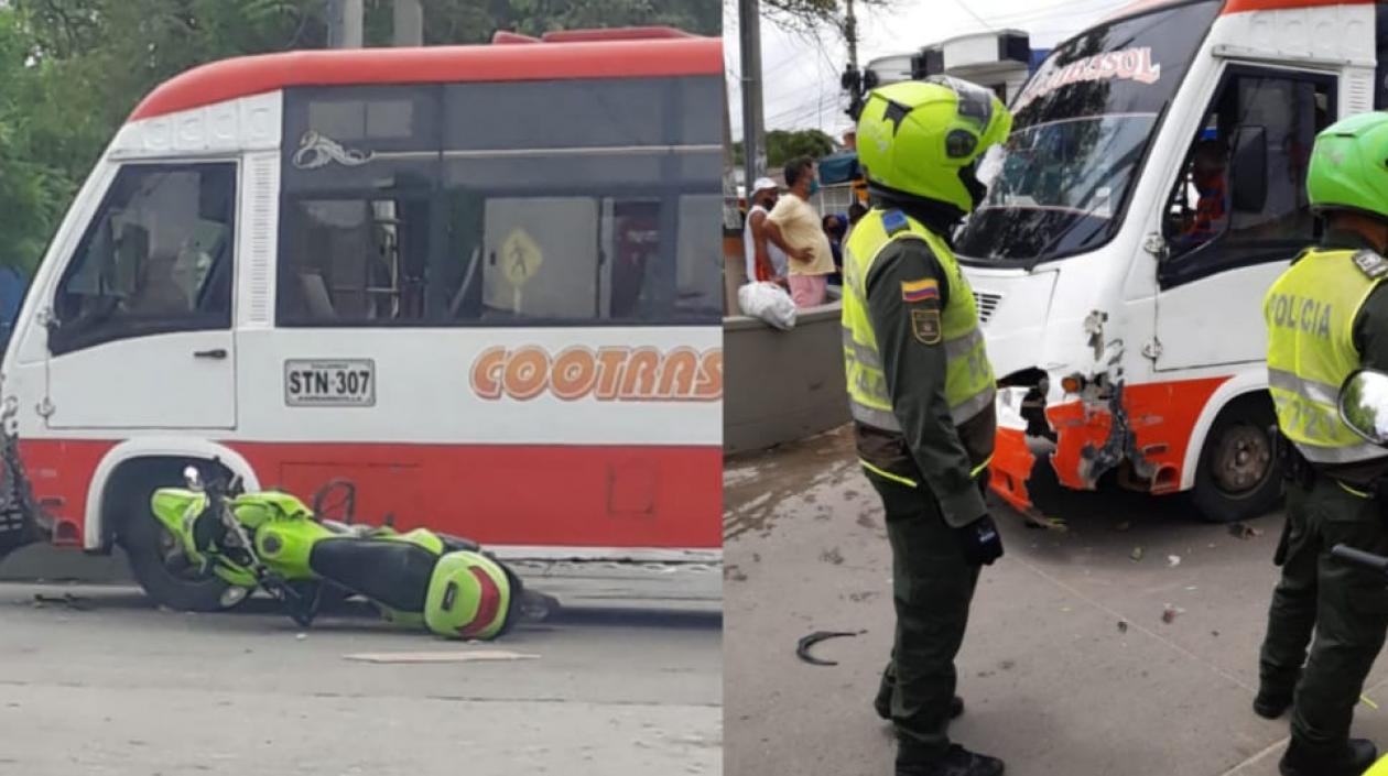 La motorizada de la Policía que se estrelló con el bus.