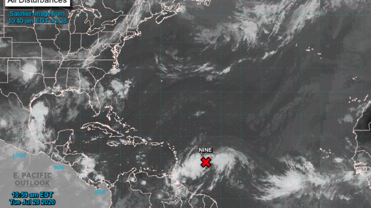 La cruz roja representa a la tormenta 9 en el Caribe.