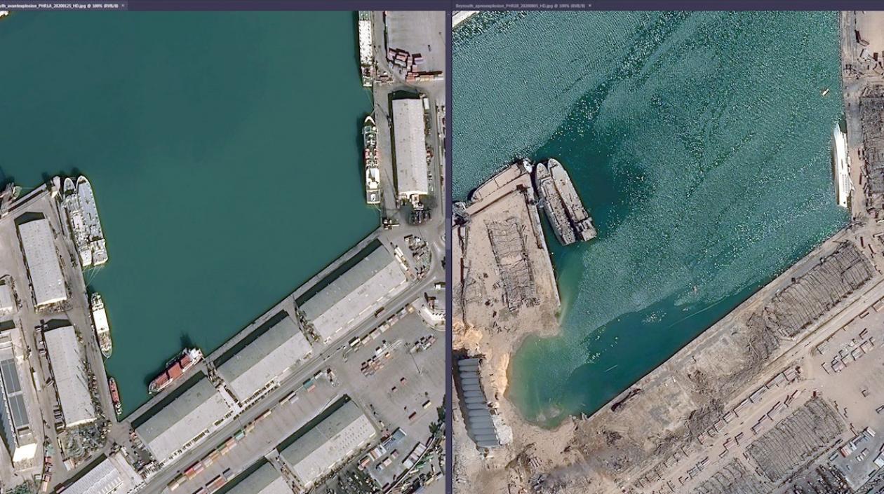 Vista aérea de Beirut, antes (i) y después (d) de la fuerte explosión.