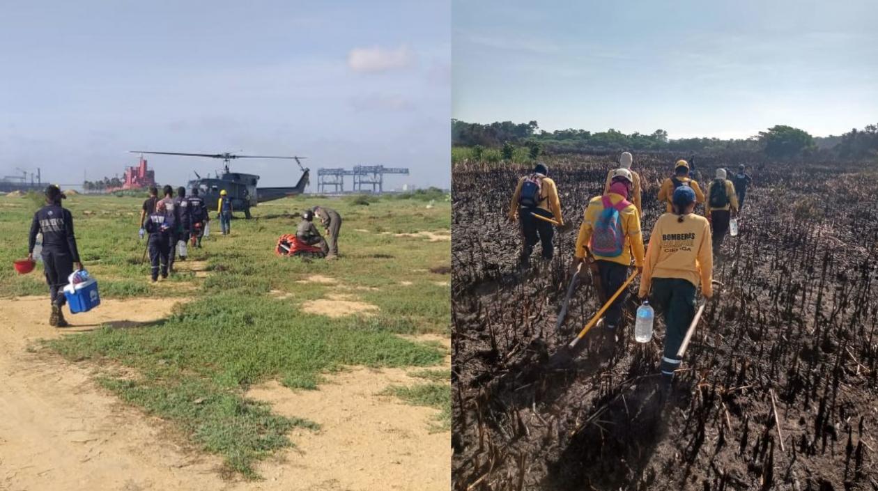Bomberos que trabajan en liquidar incendio en el parque Salamanca.