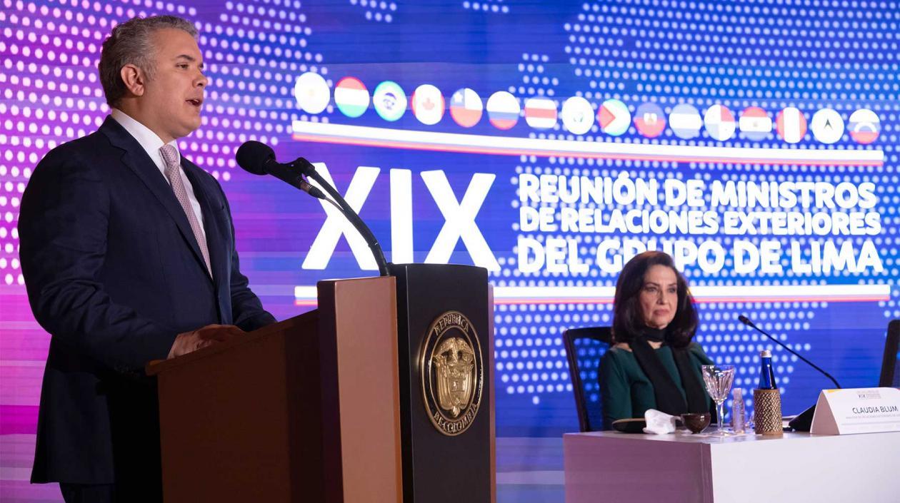 Iván Duque, Presidente de Colombia, en en la apertura de la XIX Reunión del Grupo de Lima.