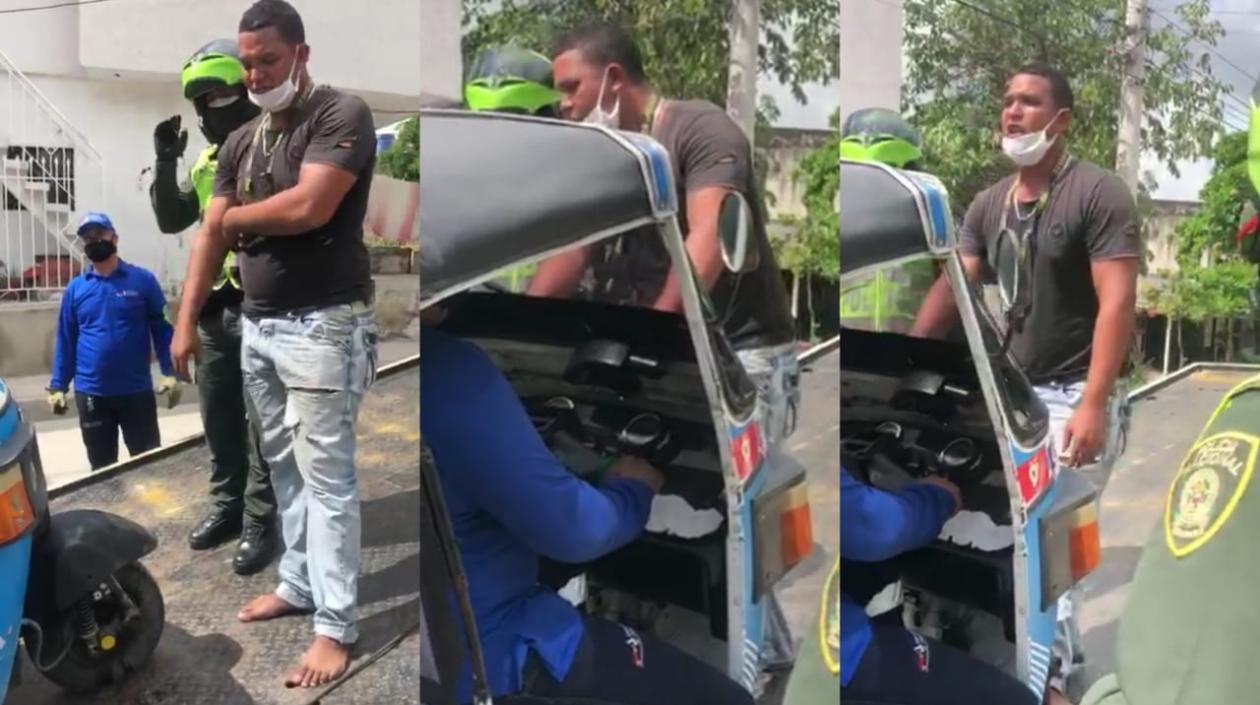 Momento en que era inmovilizado el motocarro del hombre mucho antes de agredir a los agentes. 