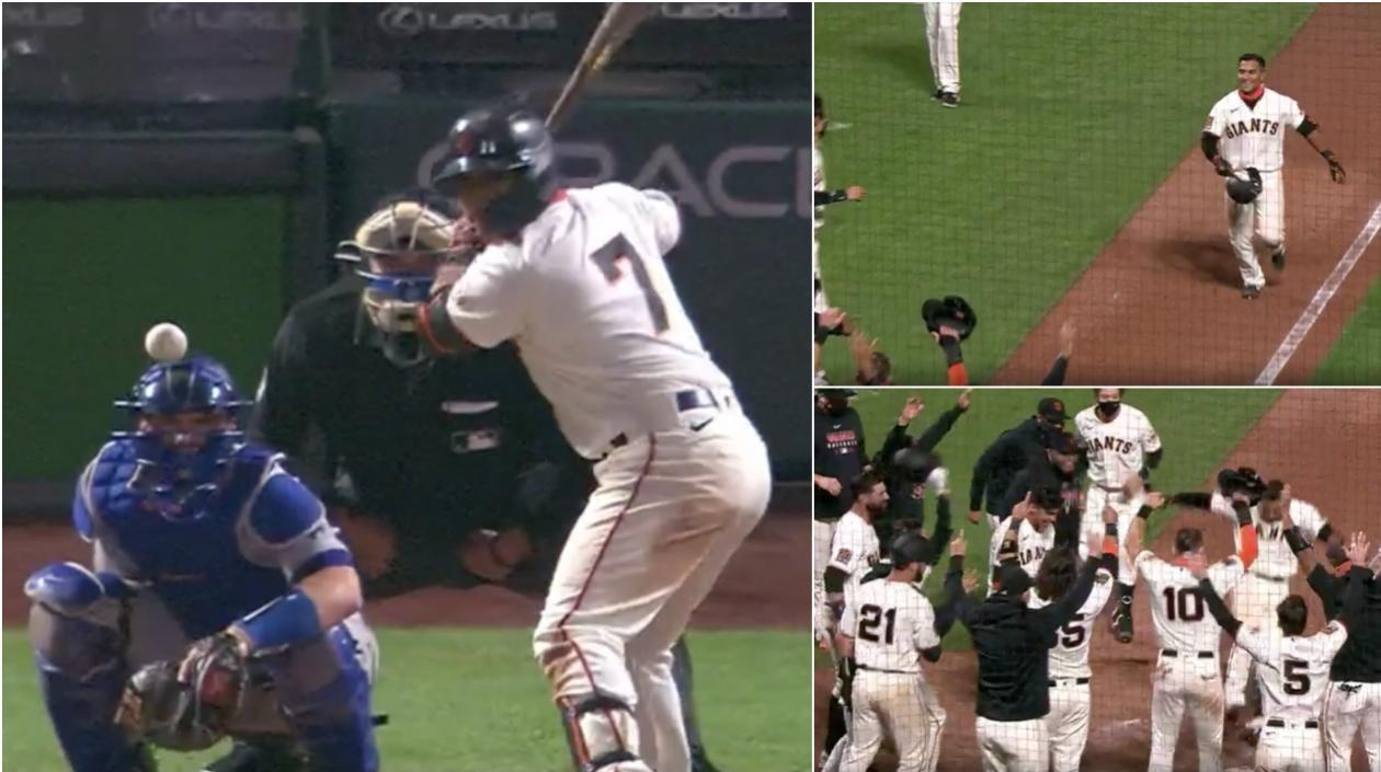 Donovan Solano en el turno del jonrón que dejó en el campo a los Dodgers de Los Ángeles. 