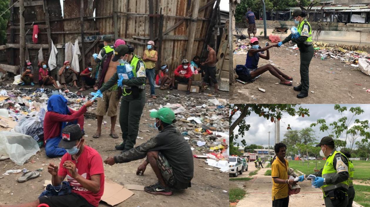 Entrega de tapabocas y gel antibacterial a habitantes de la calle del centro de Barranquilla.