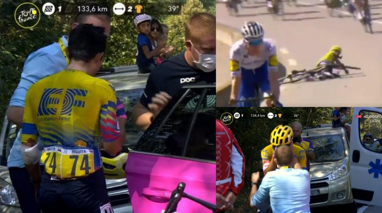 Ciclista Sergio Higuita en tres momentos tras su caída en la etapa 15 del Tour.