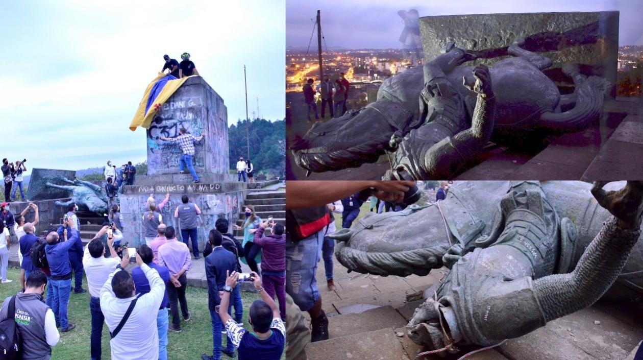 Fotografía del monumento de Sebastián de Belalcázar que fue derribado por comunidades indígenas, en Popayán (Colombia). I