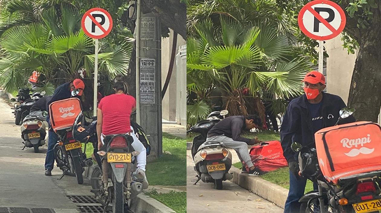 Domiciliarios parqueados en zona prohibida.