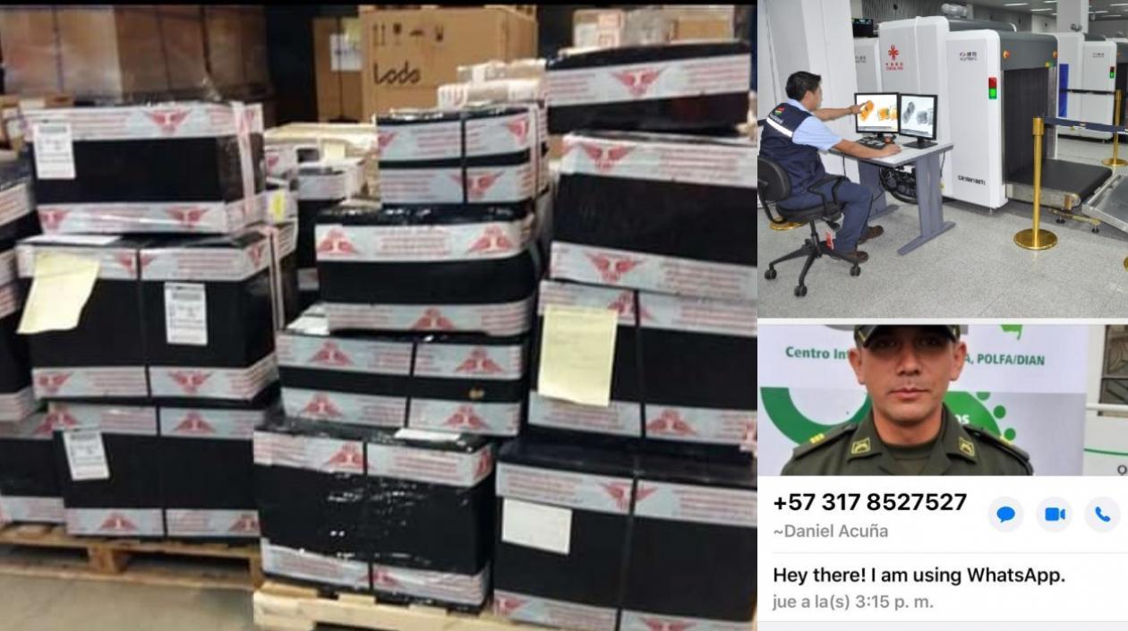 Imágenes de la encomienda y el supuesto policía aduanero.
