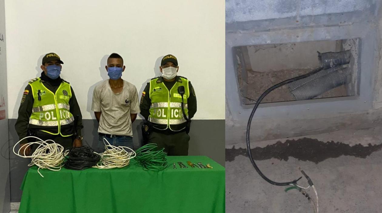 José Rafael Bermúdez García con los cables presuntamente hurtados y foto de la zona del puente de donde habrían sido sustraídos. 