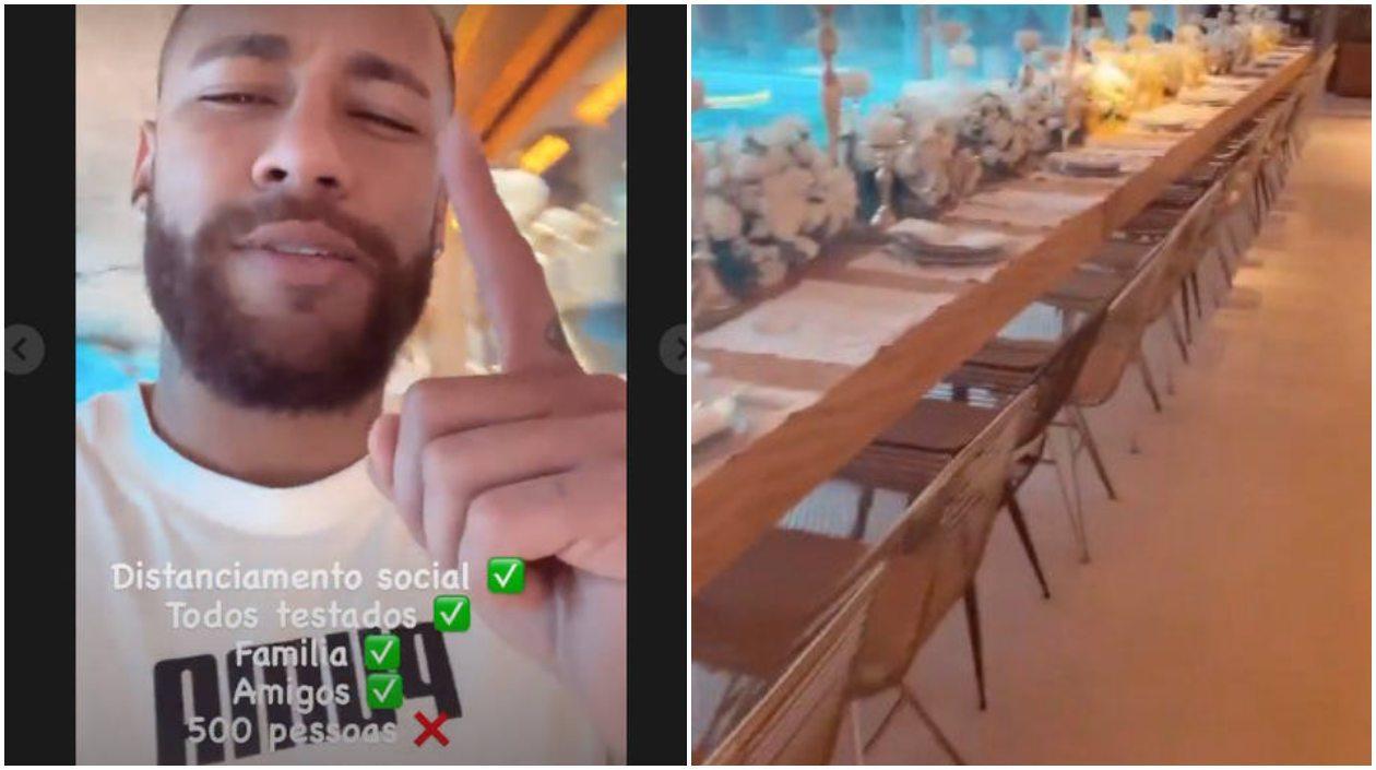 Neymar y la mesa donde comieron su cena de año nuevo. 