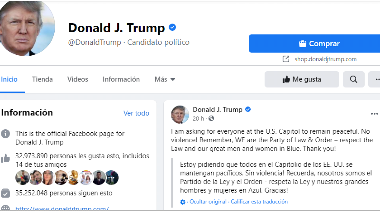 Cuenta de Donald Trump de Facebook.
