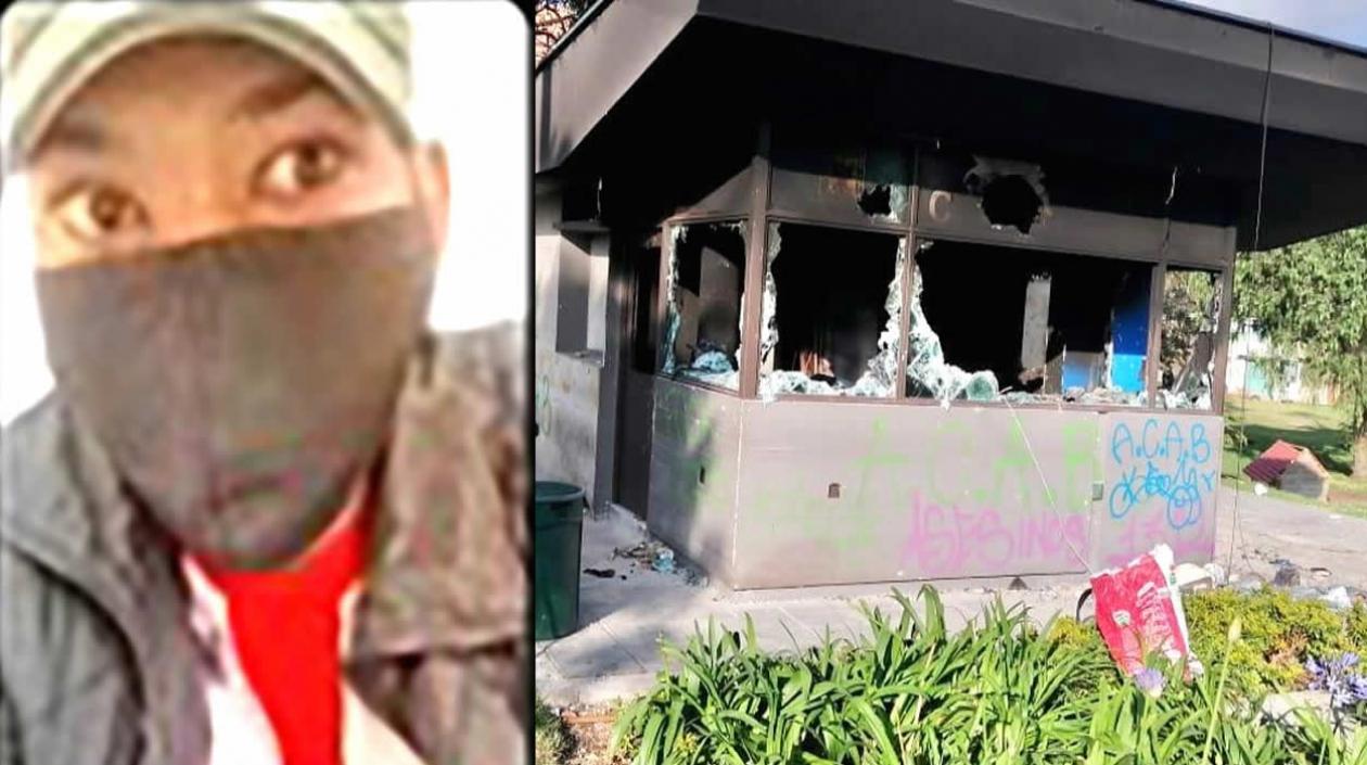 El patrullero imputado y uno de los CAIs destruidos por los vándalos.