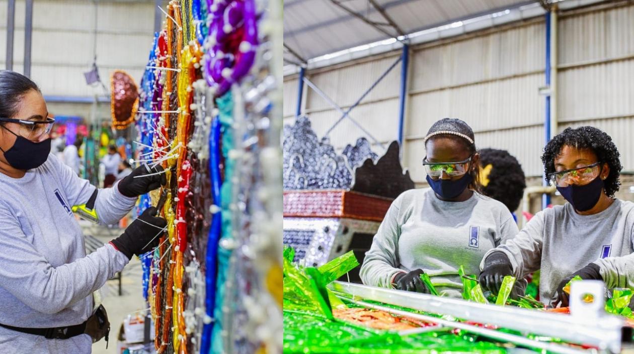 Madres cabeza de familia trabajan en el montaje de los adornos.