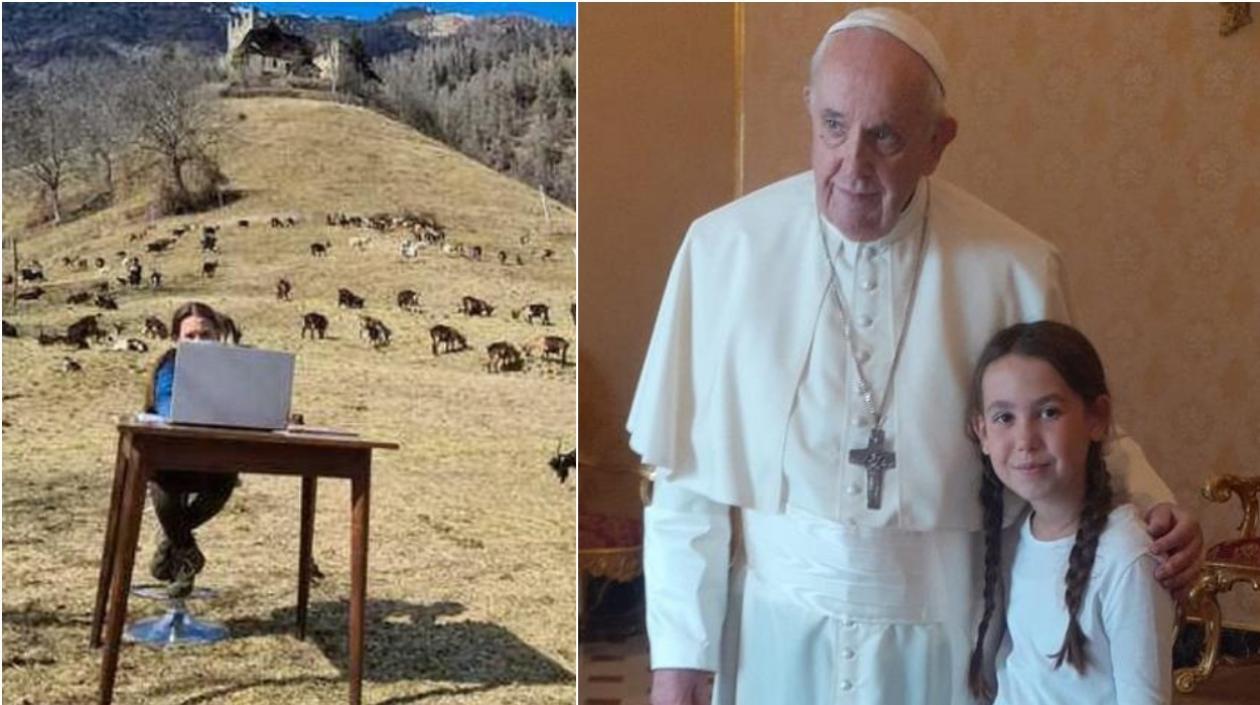 Fiametta en clases y con el Papa Francisco. 