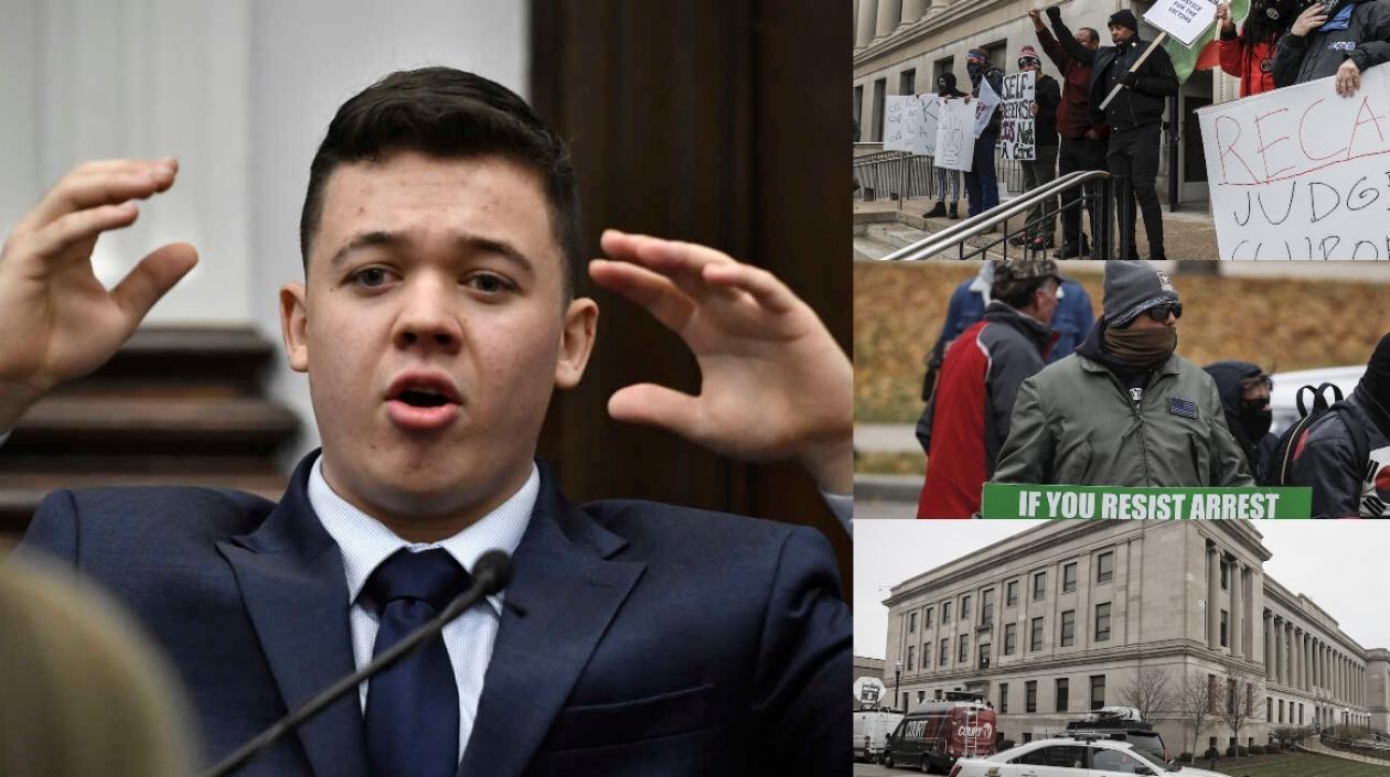 Kyle Rittenhouse durante el juicio. Afuera la gente protesta.