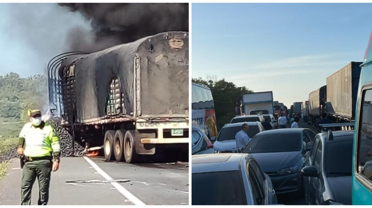 El accidente generó un gigantesco trancón en la vía. 
