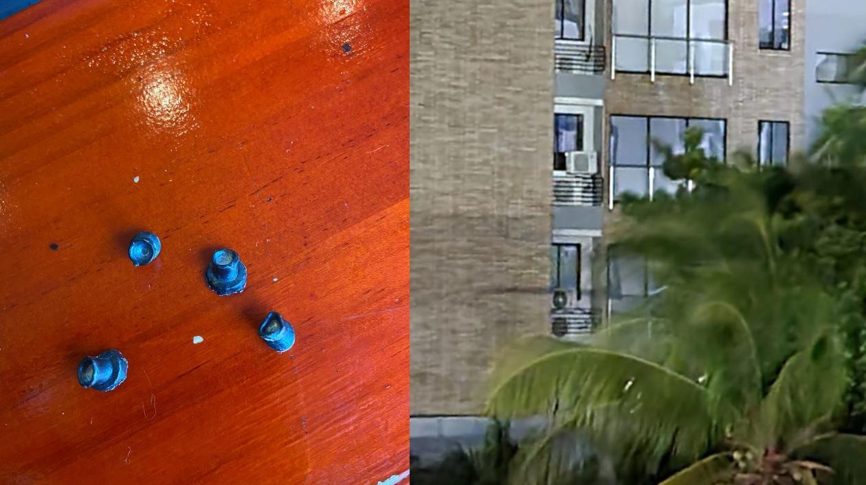 Los balines y el edificio de donde provienen los disparos.