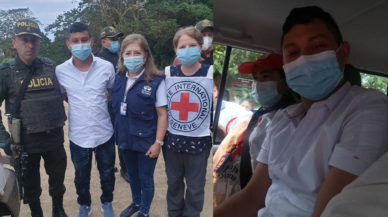 La comisión humanitaria con el patrullero Tomás Andrés Blanco.