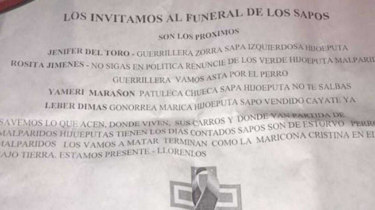 Panfleto en el que amenazan a los líderes sociales. 