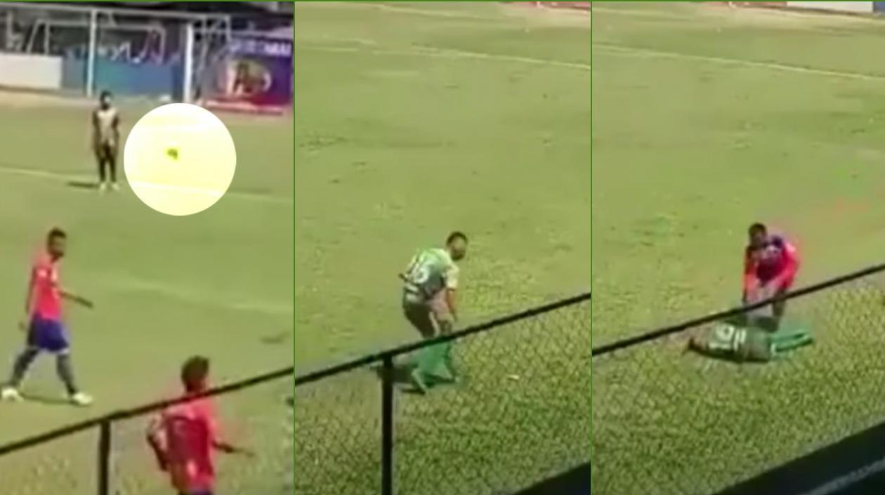 Momento en que lanzan la naranja y Wilfredo Ramos simula que lo agredieron. 