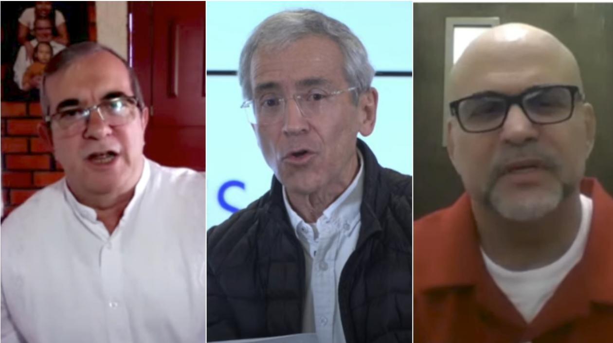 Rodrigo Londoño, Exjefe de las Farc; Francisco De Roux, presidente de la Comisión de la Verdad; y Salvatore Mancuso, exjefe de las AUC.