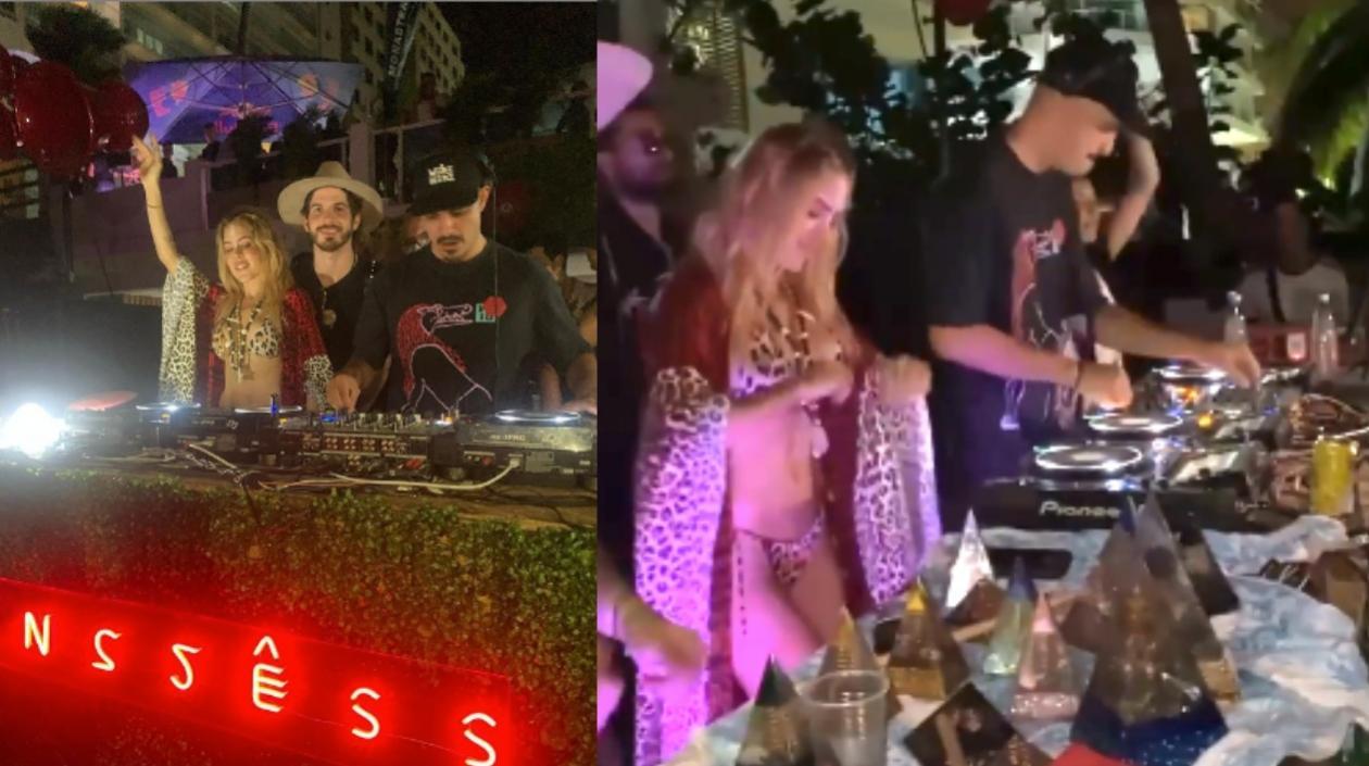 La DJ y modelo Natalia París actuando en una fiesta en la playa Los Morros de Cartagena.