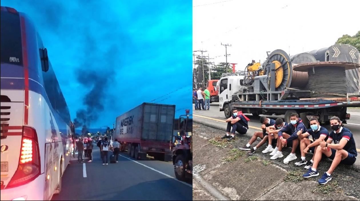 Jugadores de Fortaleza varados en la vía Tuluá - Palmira por los bloqueos.