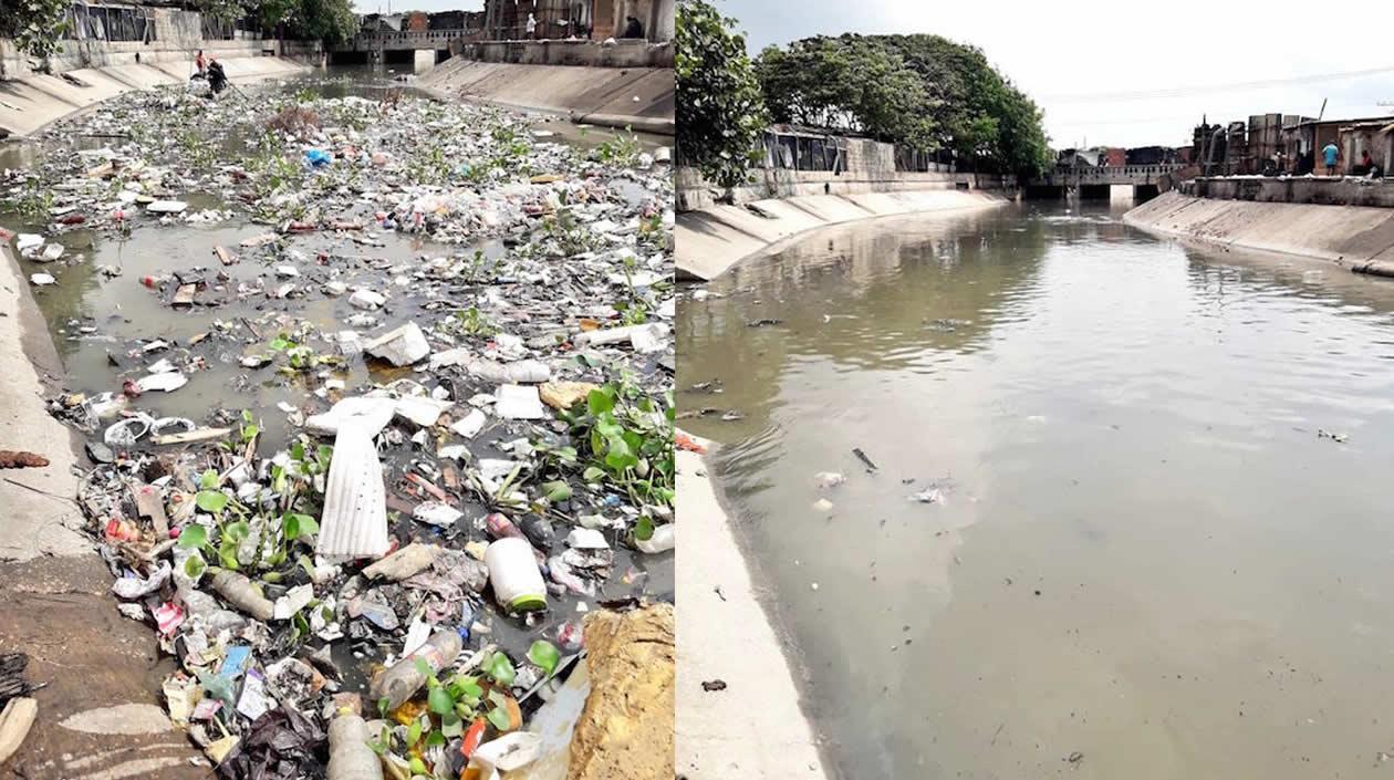 Así estaba y así quedó el caño del mercado tras el retiro de los desechos.