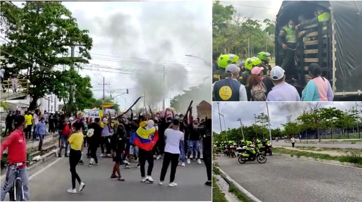 Jóvenes en medio de la protesta y la Policía.