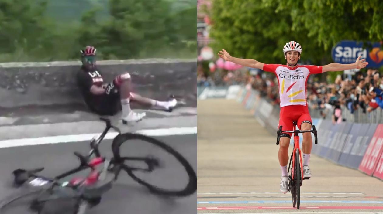 Fernando Gaviria en su caída y Víctor Lefay ganando la etapa. 