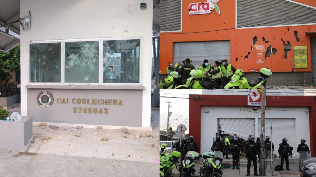 Así quedaron el CAI y varios supermercados en la calle 17. 