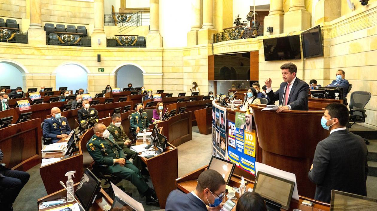 El Ministro de Defensa, Diego Molano durante intervención en el Congreso.