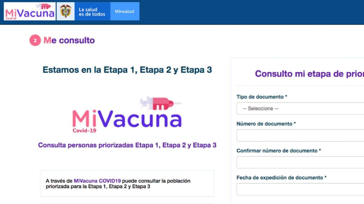 Aspecto del portal Mi Vacuna. 