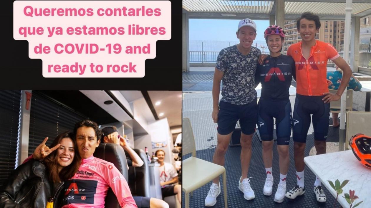Egan Bernal y su novia María Fernanda Gutiérrez posan con Rigoberto Urán. 