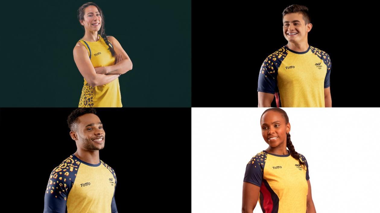 Mariana Pajón, Daniel Restrepo, Francisco Mosquera e Ingirt Valencia modelan el nuevo uniforme. 