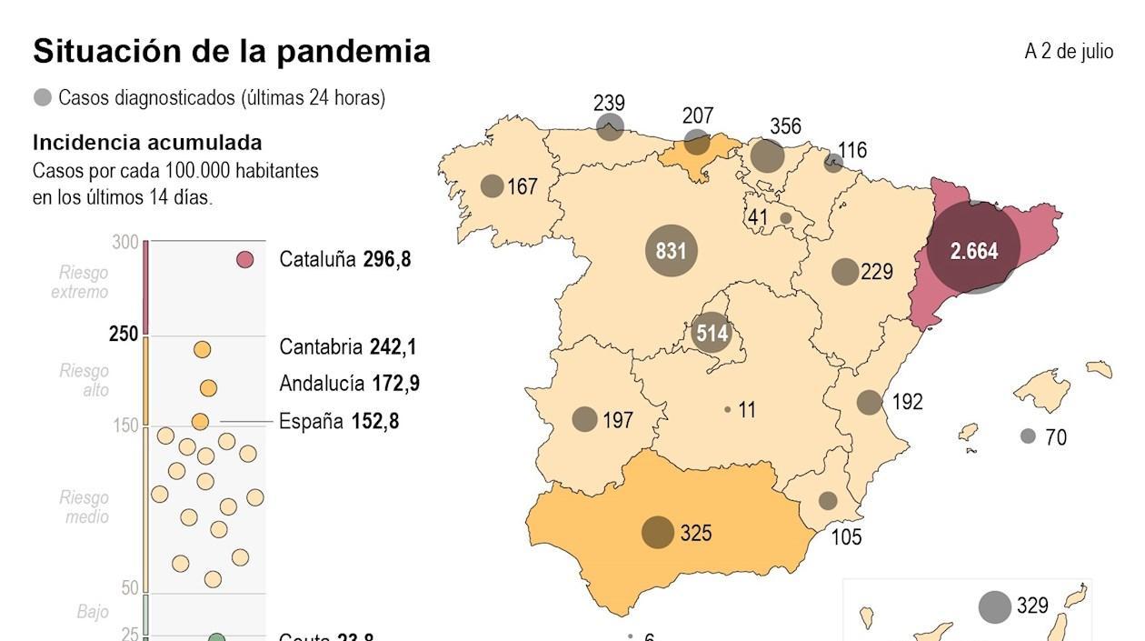 Mapa de casos de Covid-19 en España.