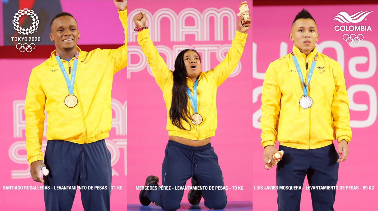 Santiago Rodallegas, Mercedes Pérez, Luis Javier Mosquera, pesistas clasificados. 