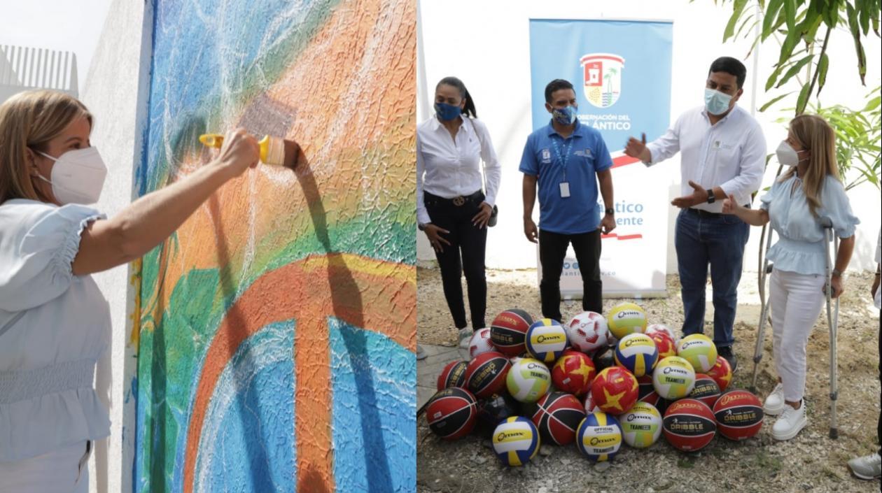 Gobernadora Elsa Noguera también pintó el mural realizado por jóvenes en Puerto Colombia.