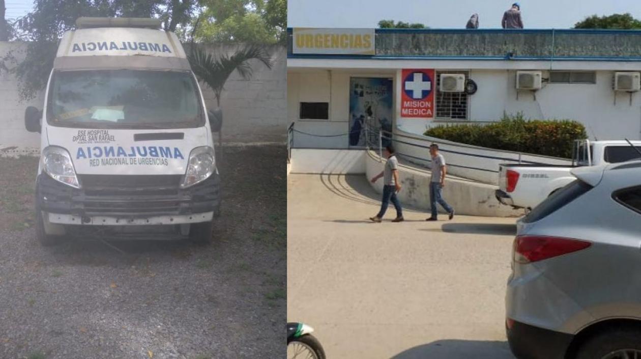 Una de las ambulancias y el hospital de Fundación.