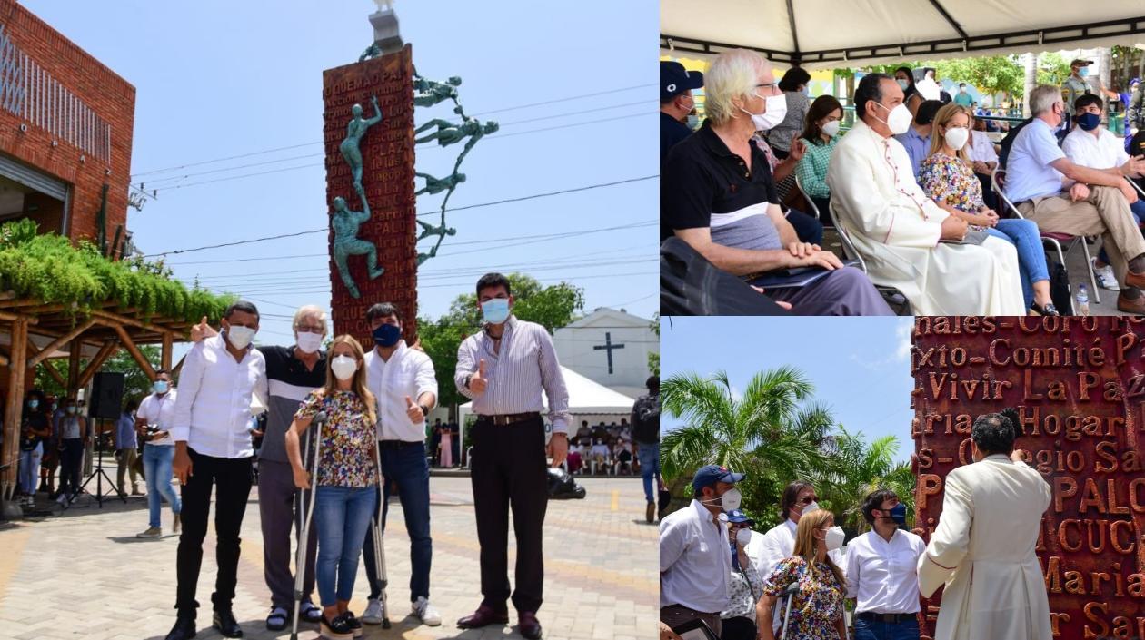La Gobernadora Elsa Noguera, el alcalde Jaime Pumarejo, el padre Cyrillus, en la inauguración del monumento Fratelli Tutti, en el barrio La Paz. 