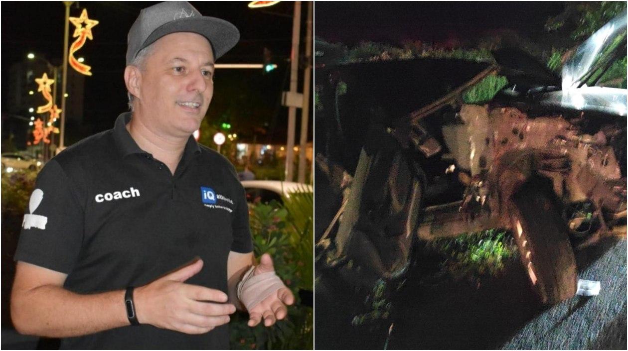 Steffan Hoffman y el estado en que quedó su automóvil tras el accidente. 