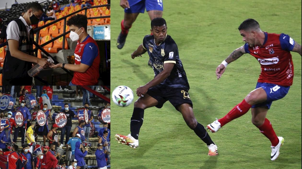 Hinchas en los estadios para ver jugar al DIM y a Águilas Doradas. A la derecha, Adrian Arregui (d) disputa el balón con Jesús Rivas (i). 