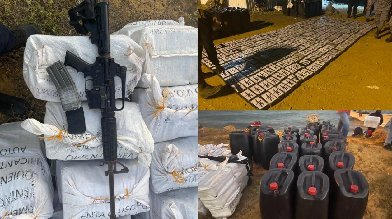 Droga decomisada y el fusil hallado en la embarcación. 